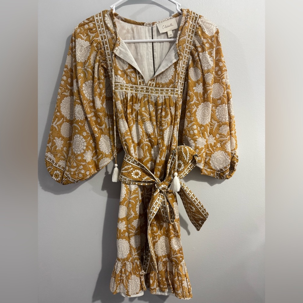 Cleobella Magdalena Mini Dress Honey Mix Print Organic Cotton XS Boho Tassel - Picture 2 of 4